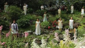 Artists performing "Incantata Floralis", a suite of songs composed by Kathy Kennedy for and performed at the Jardins de Métis, QC. by Choeur Maha.